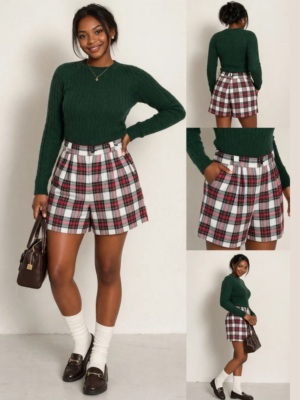 Vintage Wool Plaid Pleated Shorts Womens 10 Tartan High Waist Preppy Golf